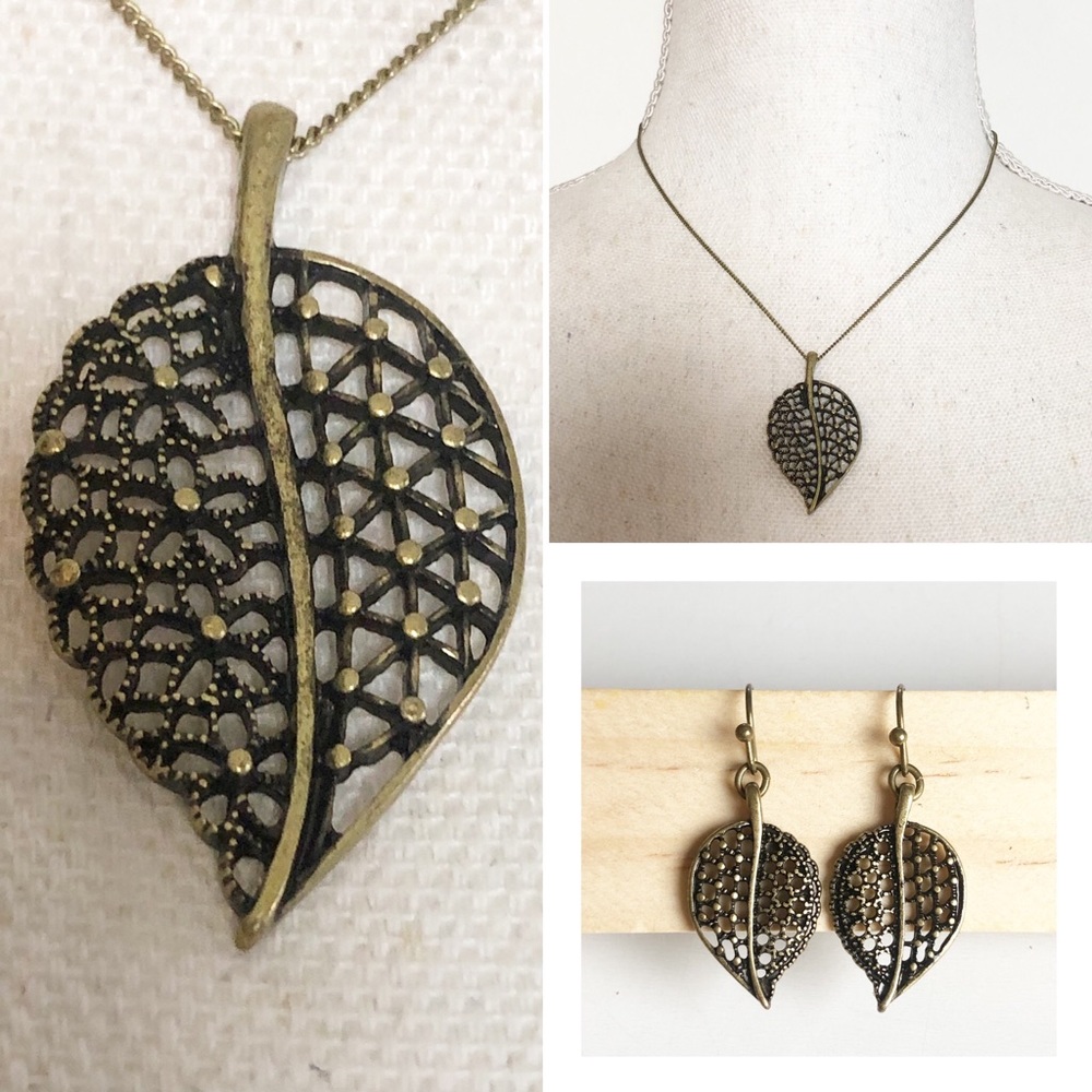 SAO Gold Tone Filigree Leaf Pendant Necklace w/ Matching Leaf Dangle Earrings